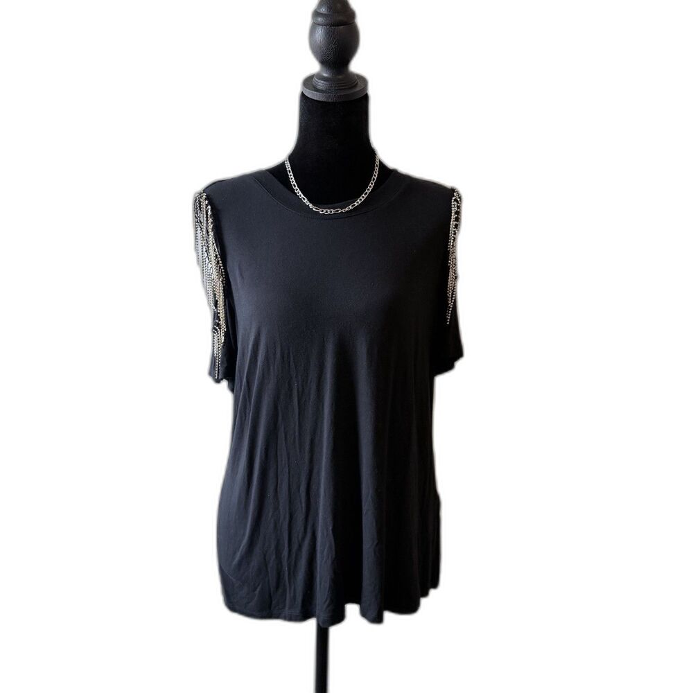 I.N.C. Short sleeve Rhinestone Fringe cut-out shoulders Black Top Woman’s Size L